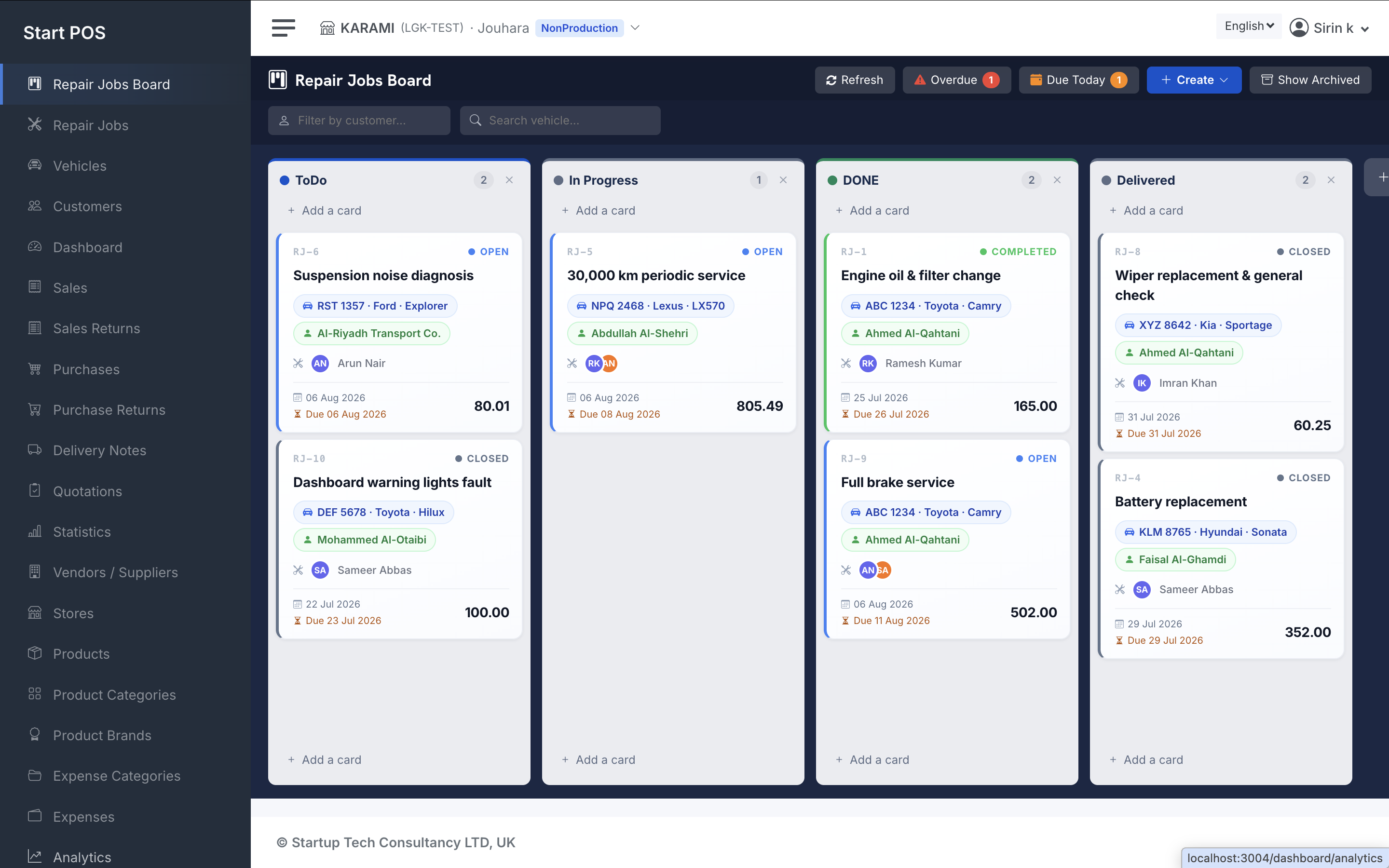 StartPOS Workshop repair jobs board — Kanban columns To Do, In Progress, Done, Delivered with live job cards
