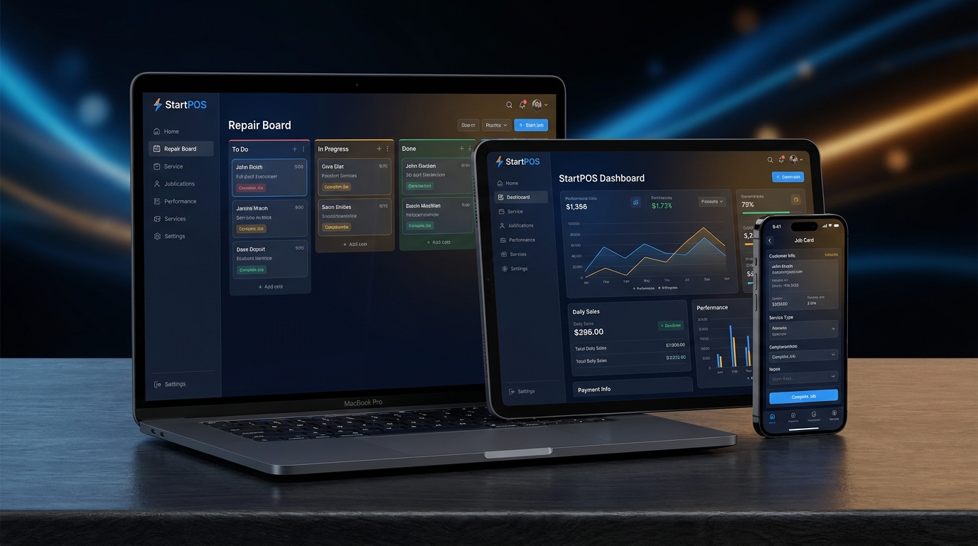 StartPOS Workshop on laptop, tablet, and smartphone — repair board, dashboard, and job card