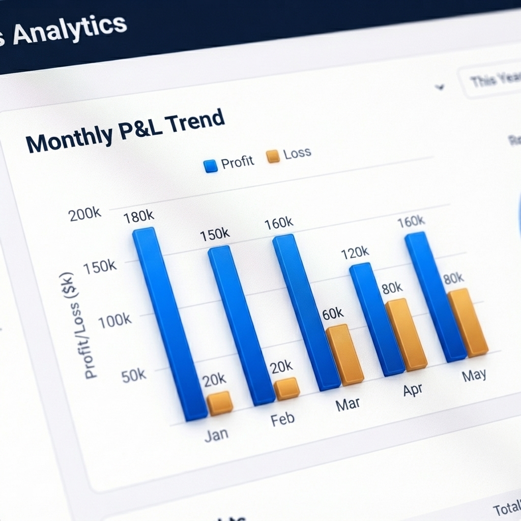 Close-up of the StartPOS analytics section — monthly profit and loss trend bar chart