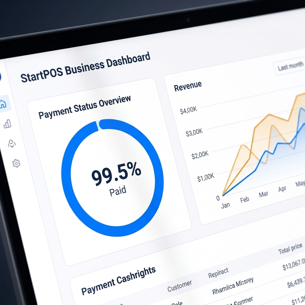 Close-up of the StartPOS business dashboard — payment status donut at 99.5% paid and revenue trend chart