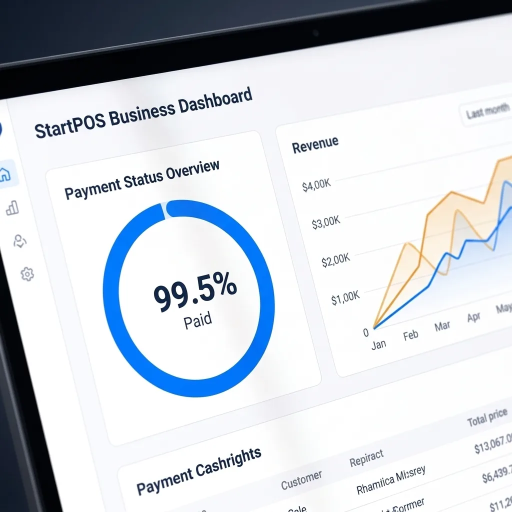 Close-up of the StartPOS business dashboard — payment status donut at 99.5% paid and revenue trend chart