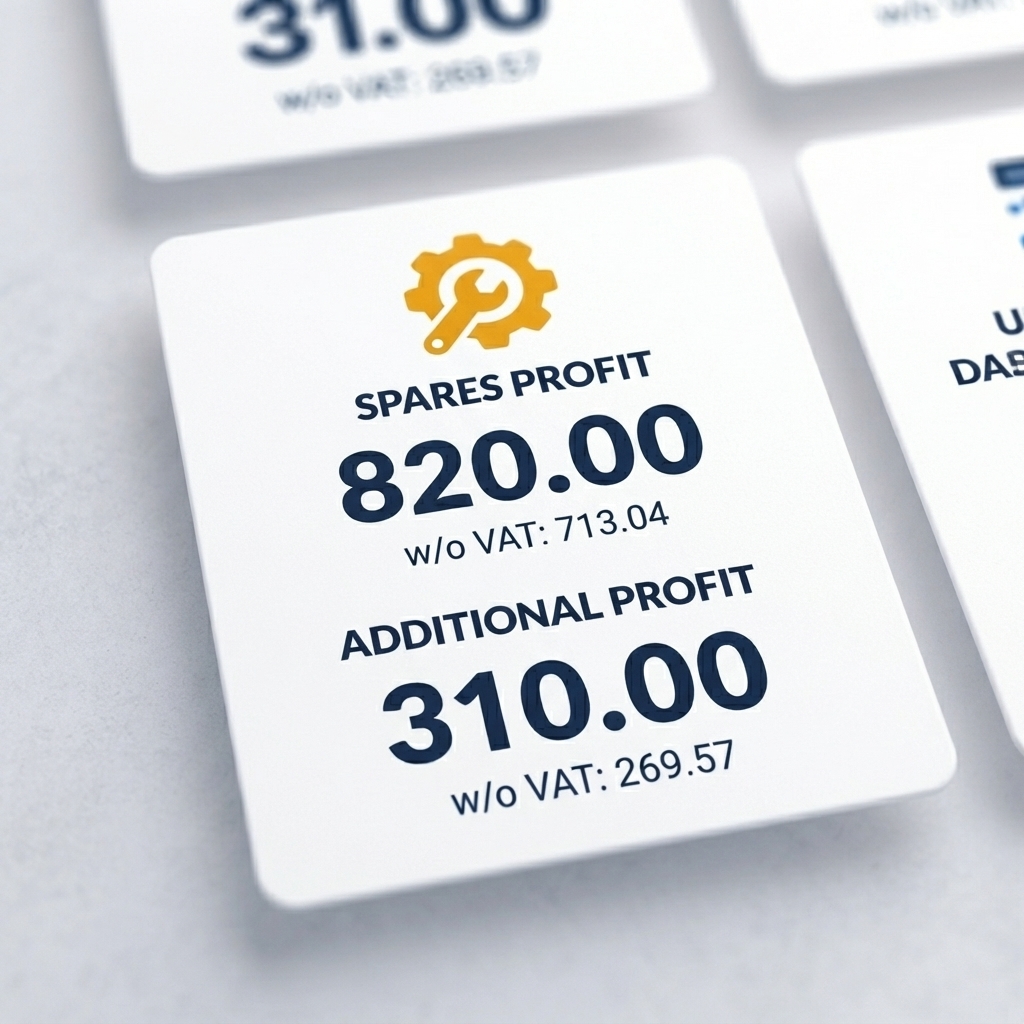 Close-up of the workshop dashboard — spares profit and additional profit KPI cards with values excluding VAT