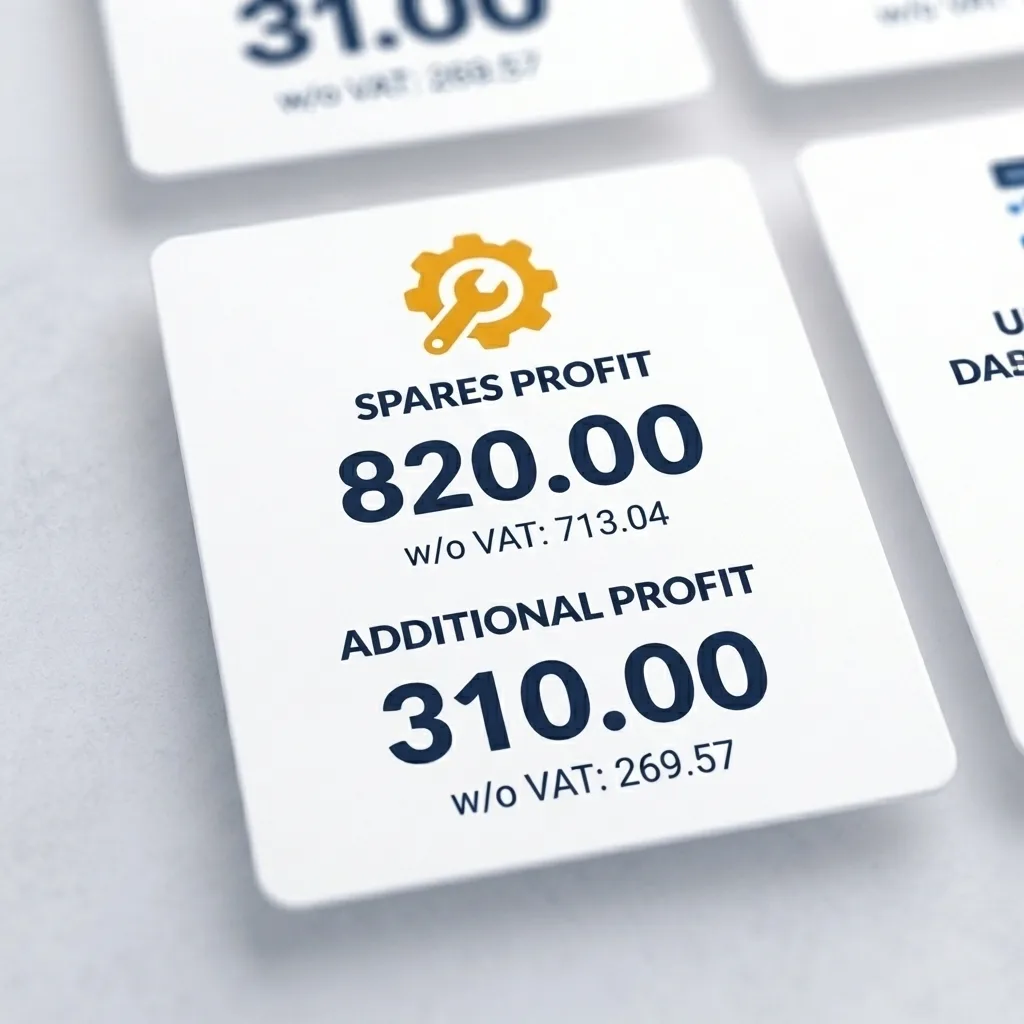 Close-up of the workshop dashboard — spares profit and additional profit KPI cards with values excluding VAT